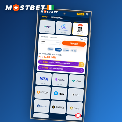 Interface du caissier Mostbet regroupant toutes les méthodes de paiement en XOF