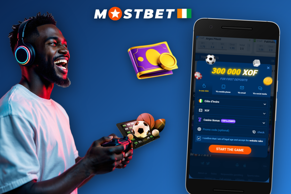 Utilisateur ivoirien créant son compte Mostbet en ligne depuis l'application Android avec code promo